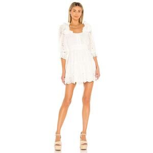 For Love & Lemons Serena Mini Dress White Eyelet Layered Ruffle Scalloped Sz L